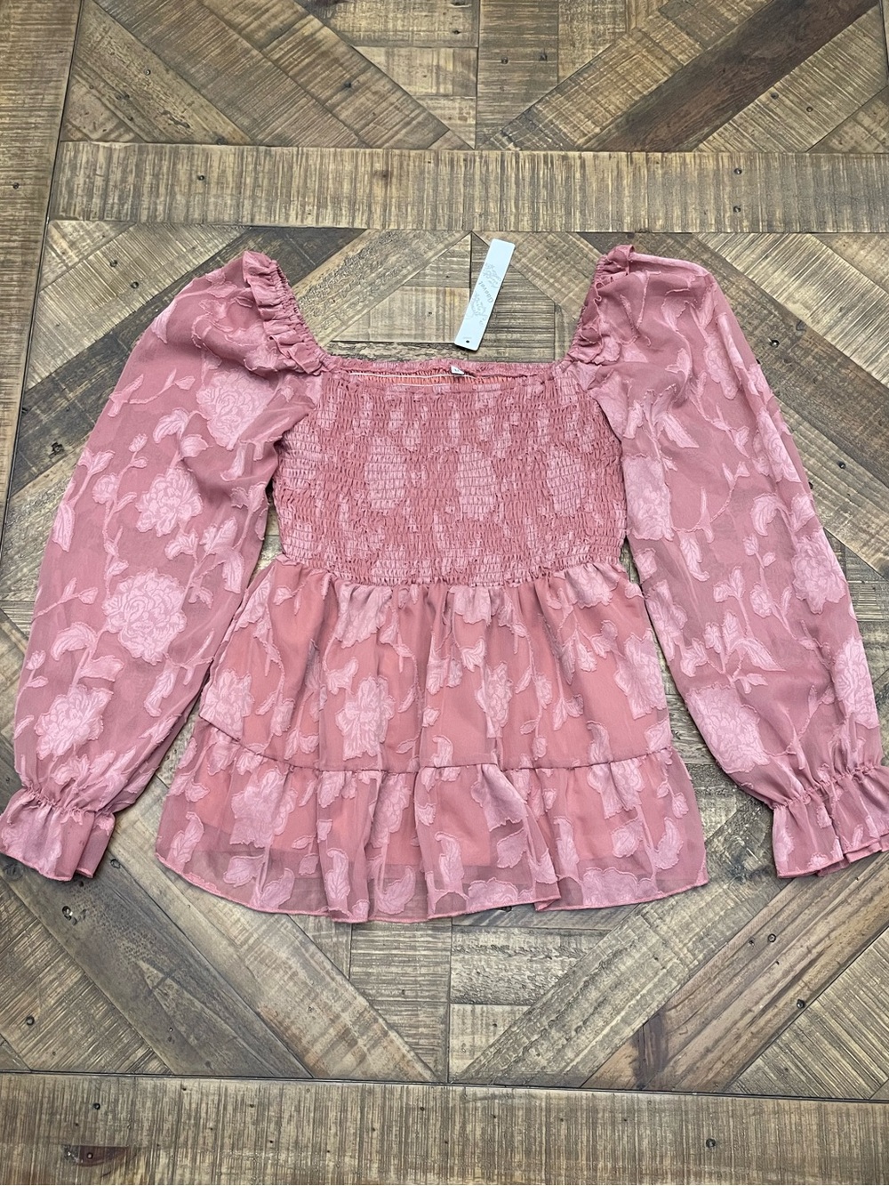NWT Gaovot Square Neck Smocked Top Sheer Flounce Sleeve Pink